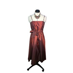 BCBG Max Azria Rust Satin Midi Dress with Bow Waist – Size 10
